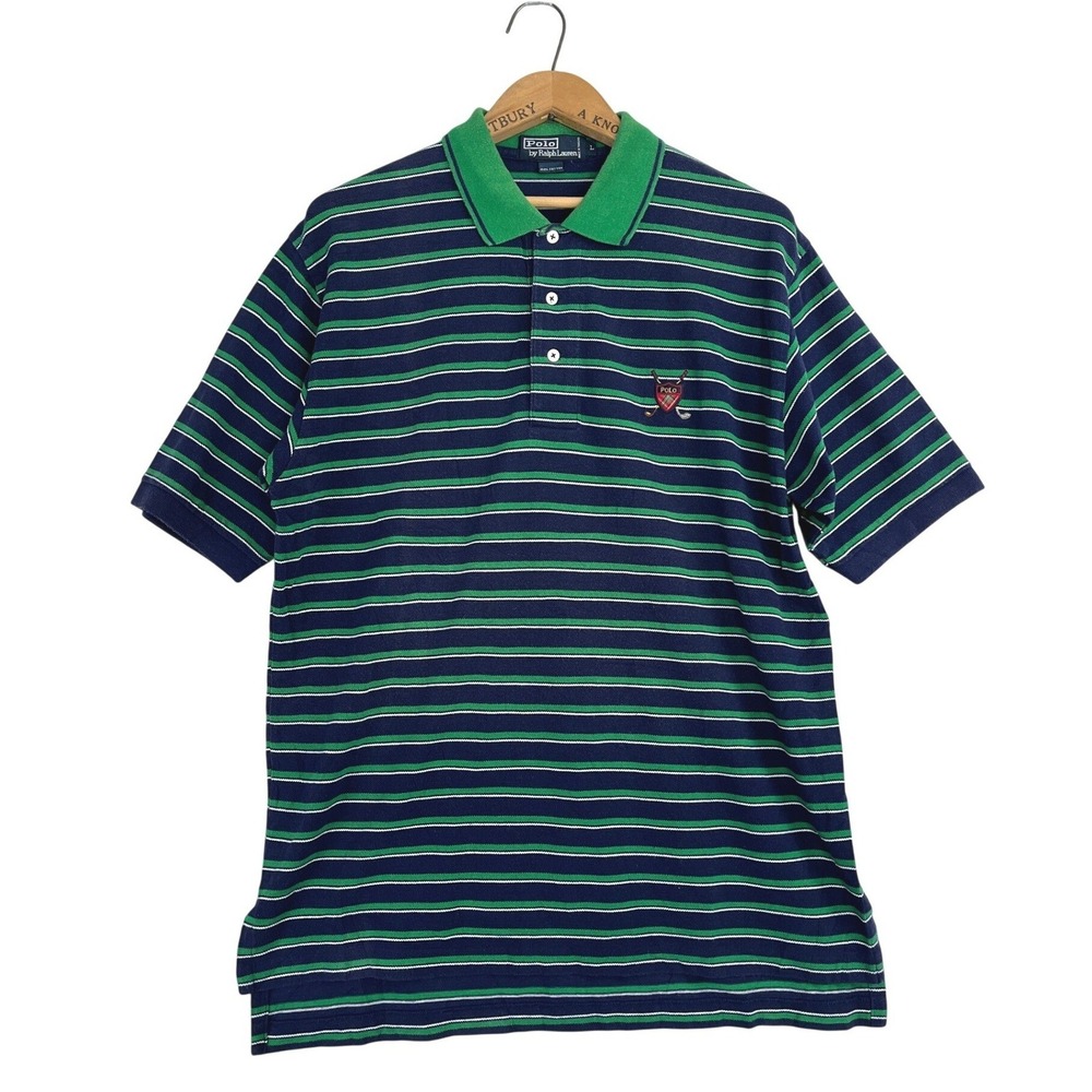 Polo Ralph Lauren Mens Large Blue Green Striped Golf Crest Polo Shirt Cotton